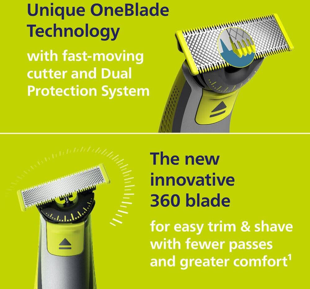 Philips Norelco OneBlade 360 Electric Beard Trimmer, Shaver and Groomer, 360 Blade Technology, Hybrid Blade for Face + Body, 5in1 Adjustable Comb, 1x Body Kit, Black/Lime Green | Norelco OneBlade 360